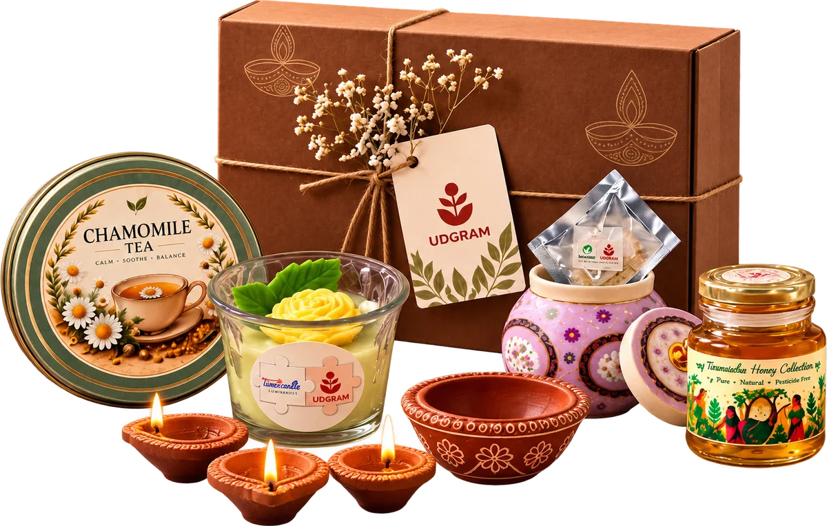 A festive Udgram gift hamper with wild honey, herbal tea, a flower candle and handcrafted diyas